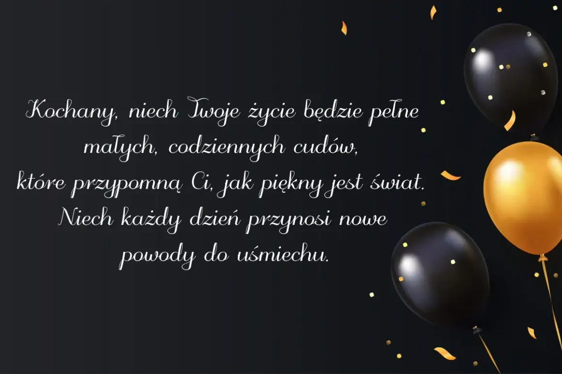 Czarno-złote balony i konfetti na ciemnym tle, z tekstem życzeń urodzinowych.