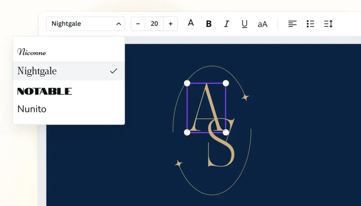 Choosing the "Nightingale" font for elegant monogram styles initials.