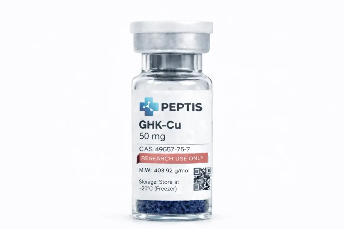 Szklana fiolka z granulkami peptydów miedziowych GHK-Cu, 50 mg. Przeznaczona do badań.