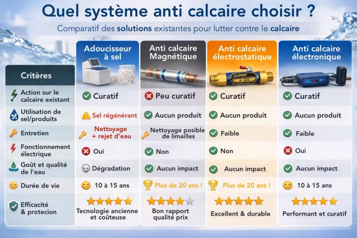 Comparatif des systèmes anti-calcaire. Mon adoucisseur ne consomme plus de sel, mais les alternatives électrostatiques et électroniques sont aussi efficaces.