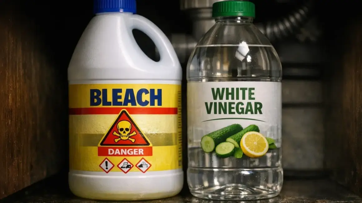 Bouteille de javel et de vinaigre blanc. Attention aux dangers de l'inhalation chlore symptômes.