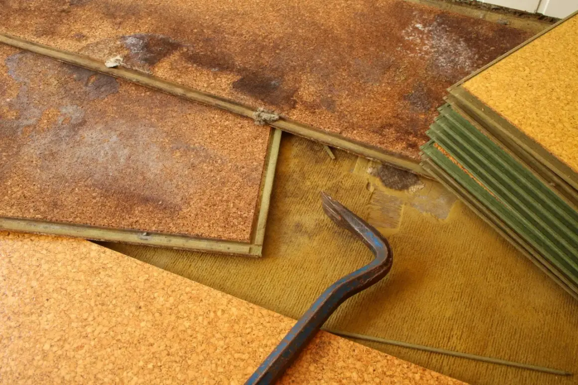 Beschädigter Laminatboden mit deutlichen Wasserflecken und einem Brecheisen. Die Korkunterlage ist aufgeweicht.