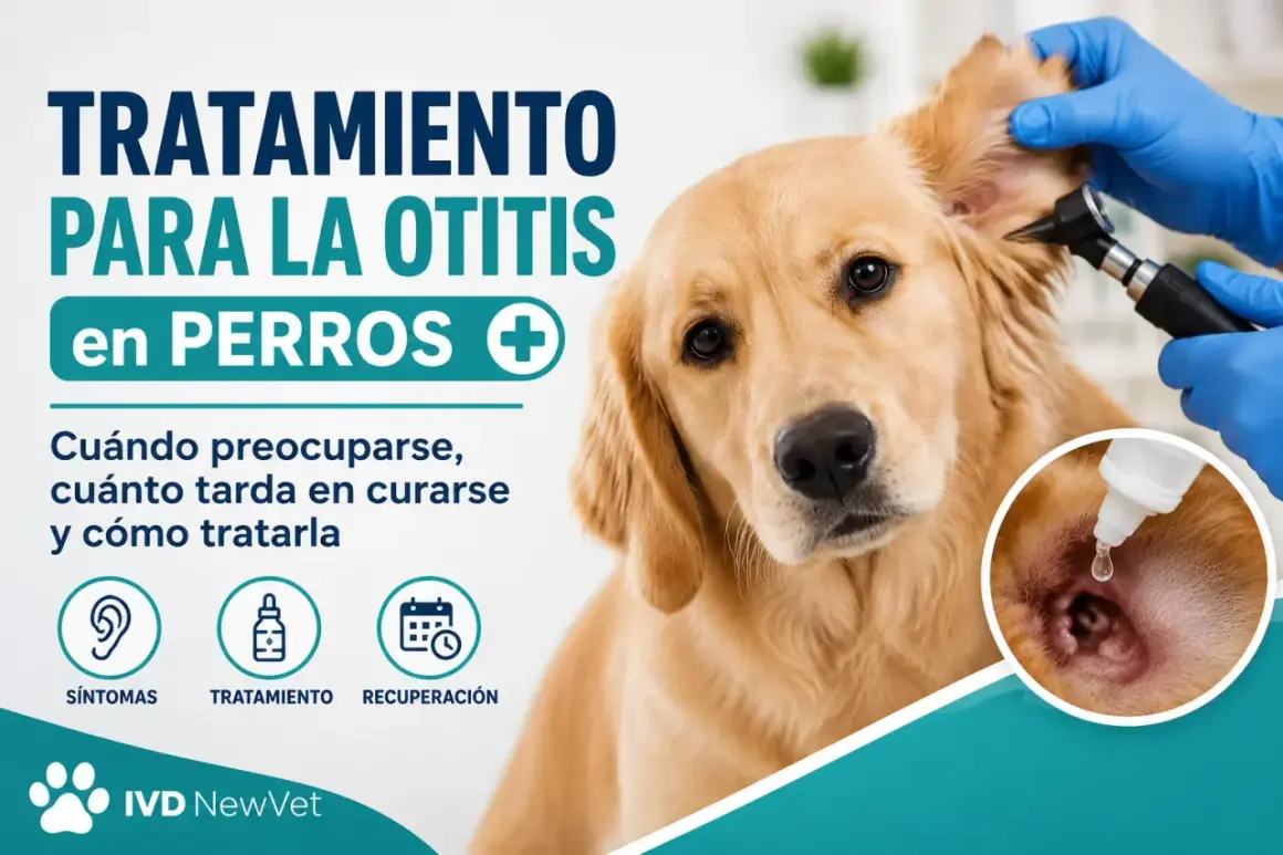 Golden retriever siendo examinado por un veterinario para tratar la otitis en perros. Se muestran síntomas, tratamiento y recuperación.