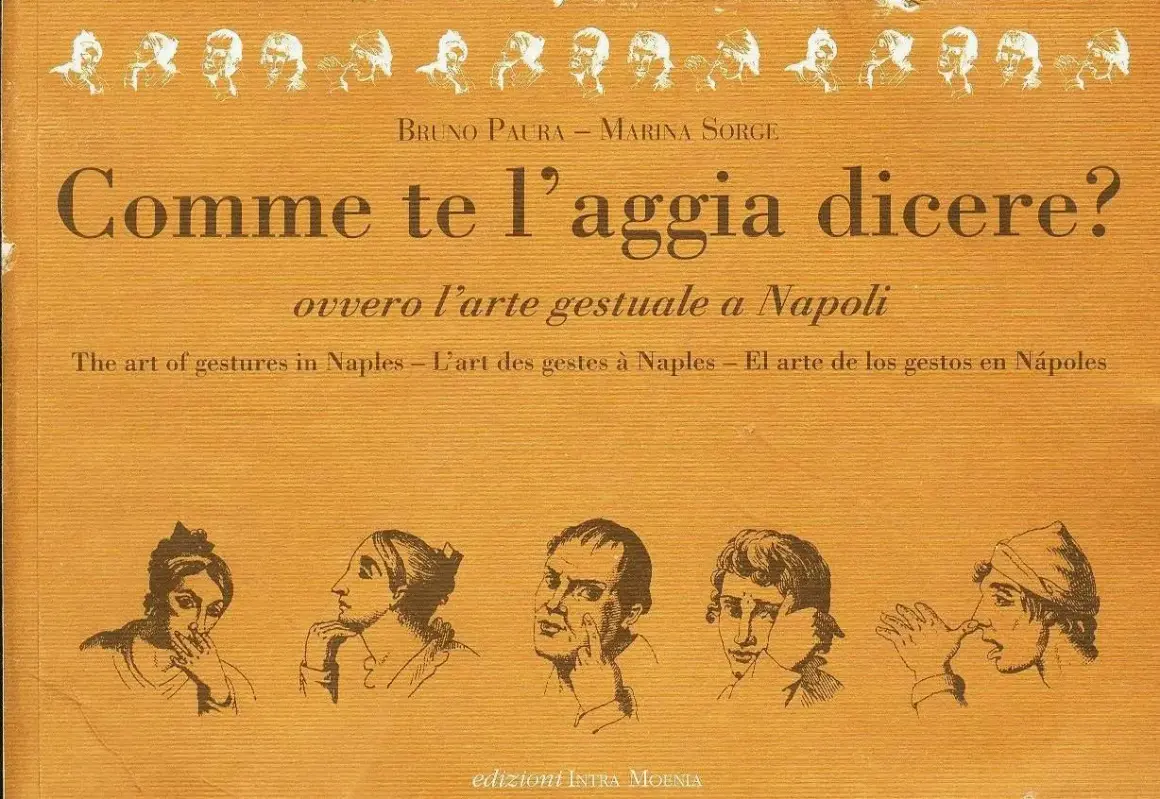 Copertina libro "Comme te l'aggia dicere?" con disegni di volti e mani, che illustrano esclamazioni in napoletano.