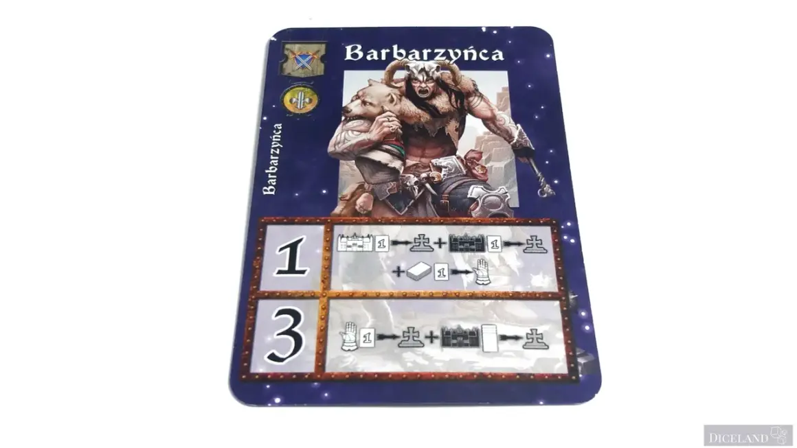 Karta postaci "Barbarzyńca" z gry planszowej. Potężny wojownik z wilkiem na ramieniu, gotowy do walki.