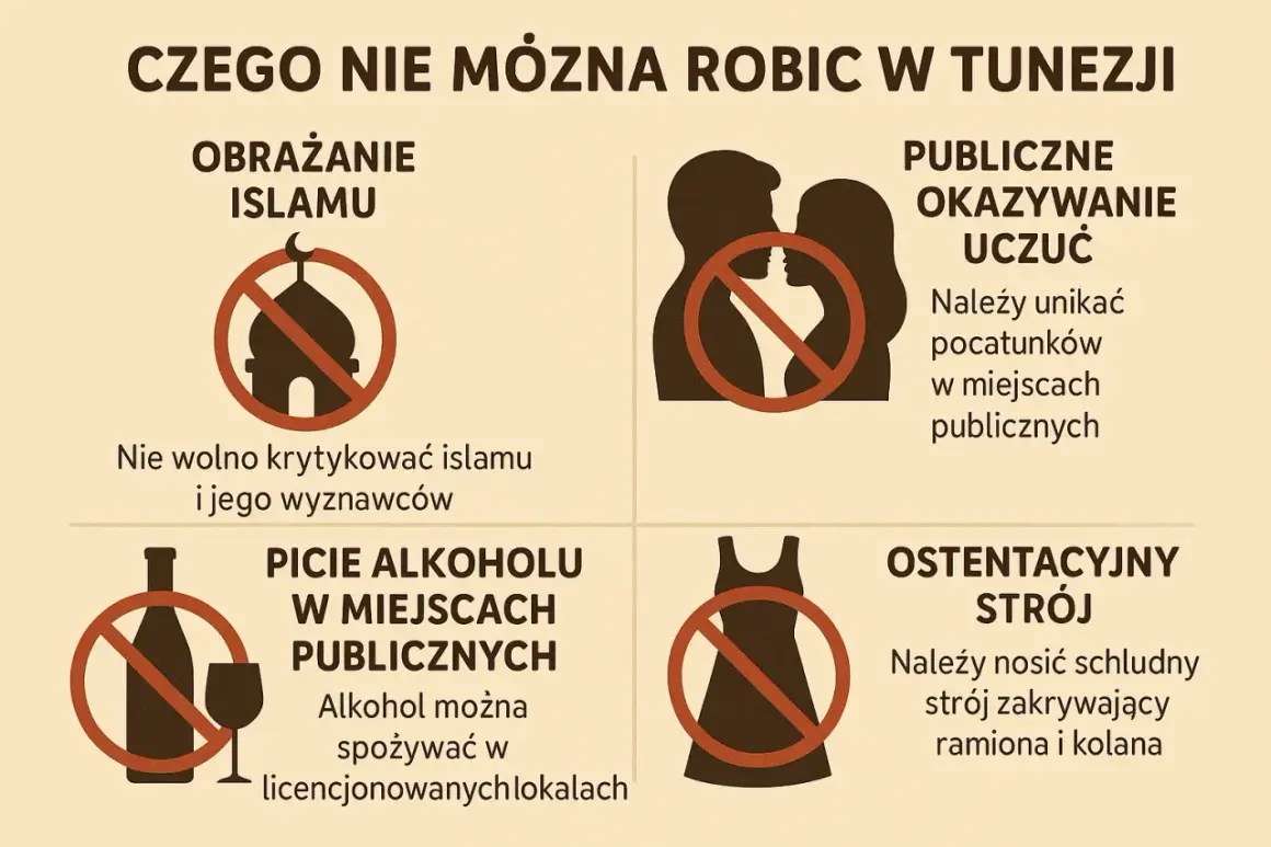 Rzeczy zakazane w Tunezji: obrażanie islamu, publiczne okazywanie uczuć, picie alkoholu w miejscach publicznych, ostentacyjny strój.