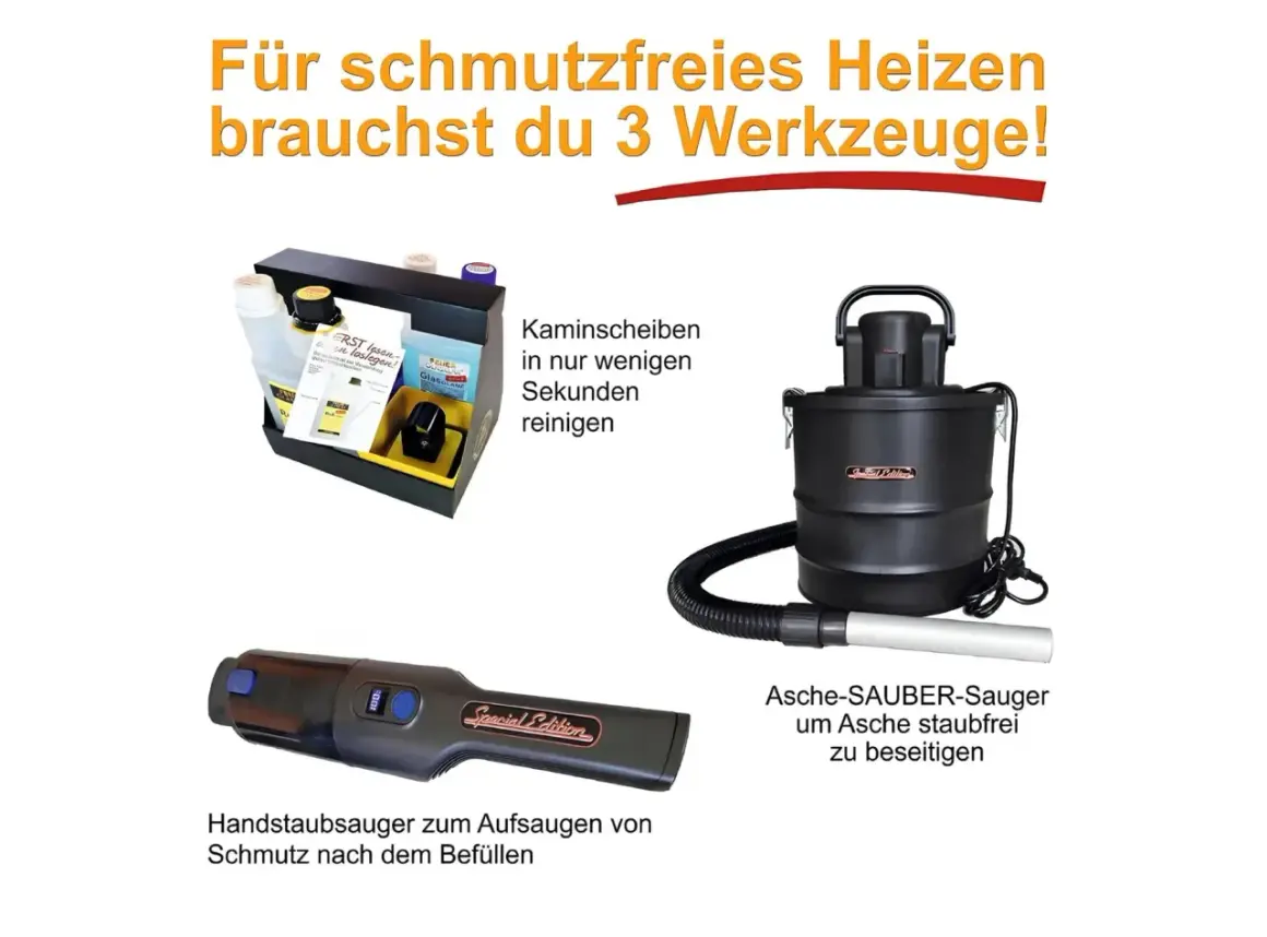 Drei Werkzeuge für sauberes Heizen: Asche-SAUBER-Sauger zur staubfreien Entsorgung, Handstaubsauger und Reinigungsset für Kaminscheiben.
