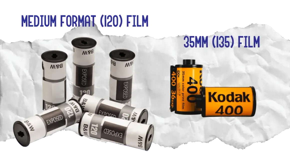 A roll of Kodak 400 35mm film sits next to several exposed medium format 120 film rolls, showing what 35mm film looks like.