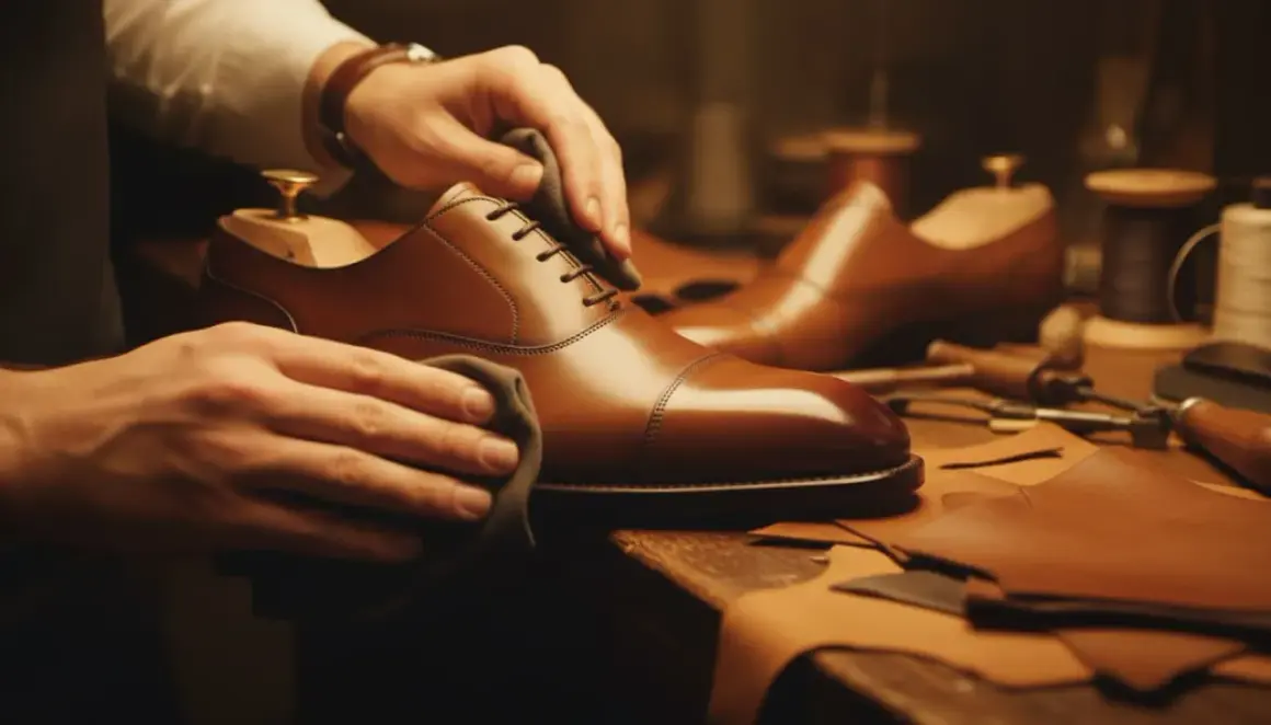 Mains polissant une chaussure en cuir marron, un savoir-faire artisanal pour cirer chaussures et leur redonner éclat.