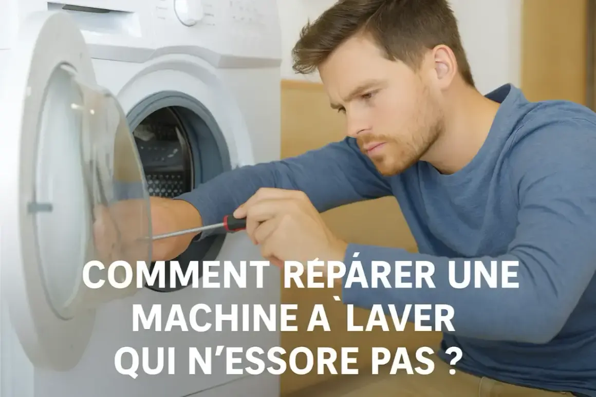 Un homme répare une machine à laver qui n'essore plus. Il utilise un tournevis pour examiner le tambour.