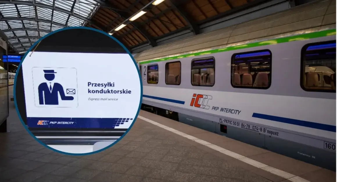 Znak informuje o możliwości nadania przesyłki konduktorskiej na dworcu PKP. Pociąg Intercity stoi na peronie.