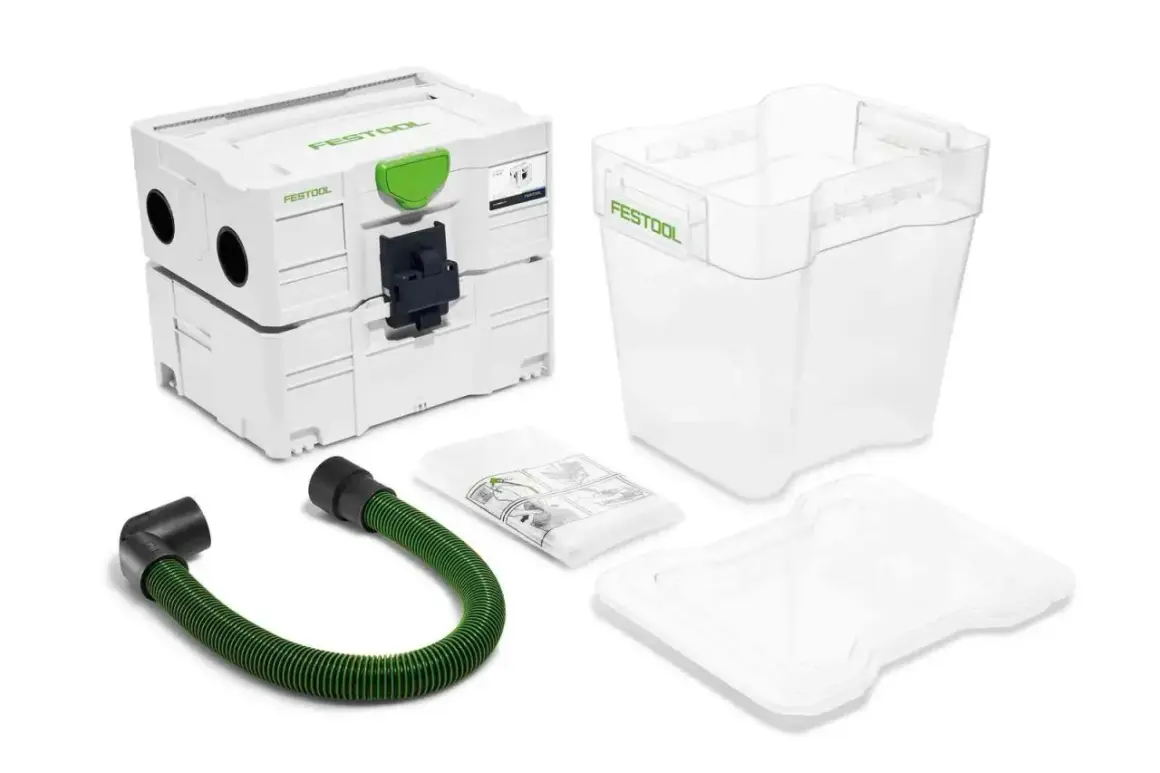 Ensemble pour un filtre cyclonique Festool, incluant le module principal, un collecteur transparent, un tuyau vert et une notice.