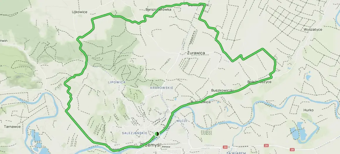 Mapa z zaznaczoną zieloną pętlą - forteczna trasa rowerowa wokół Przemyśla.
