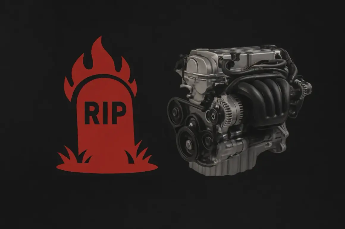 Lápida roja con "RIP" y un motor de coche, quizás el fin del turbo atmosférico.