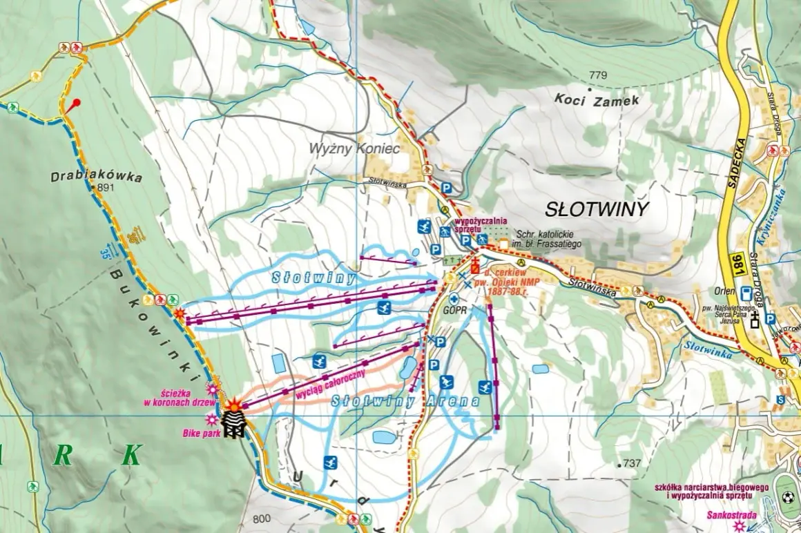 Mapa turystyczna okolic Krynicy-Zdroju. Widać tu góry takie jak Bukowinki i Drabiakówka, a także stoki narciarskie Słotwiny.