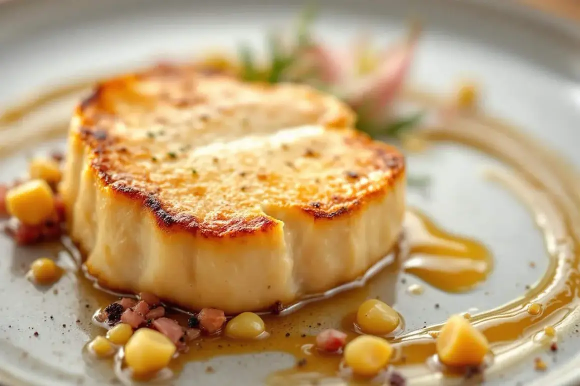 Un délicieux foie gras poêlé, nappé d'une sauce au rhum, servi avec des petits pois et des dés de lard.