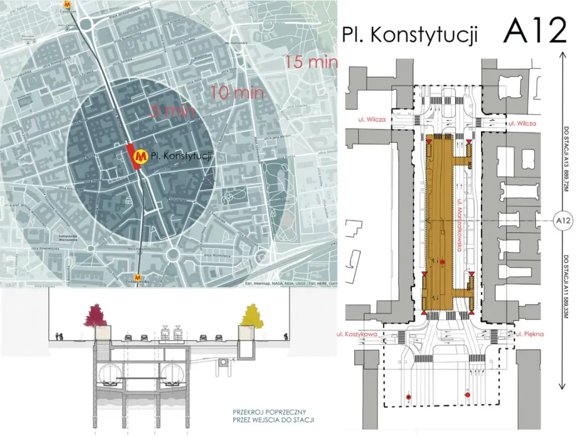 Mapa pokazuje zasięg 5 i 10 minut od stacji metra M1 Pl. Konstytucji. Obok schemat węzła z ulicami Marszałkowską, Wilczą i Koszykową.