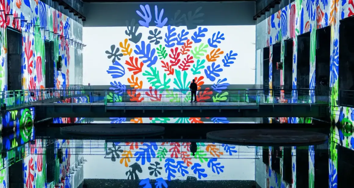 A lone figure stands on a walkway surrounded by vibrant Matisse cut-outs projected onto walls and reflected in the water at the Bassins des Lumières.