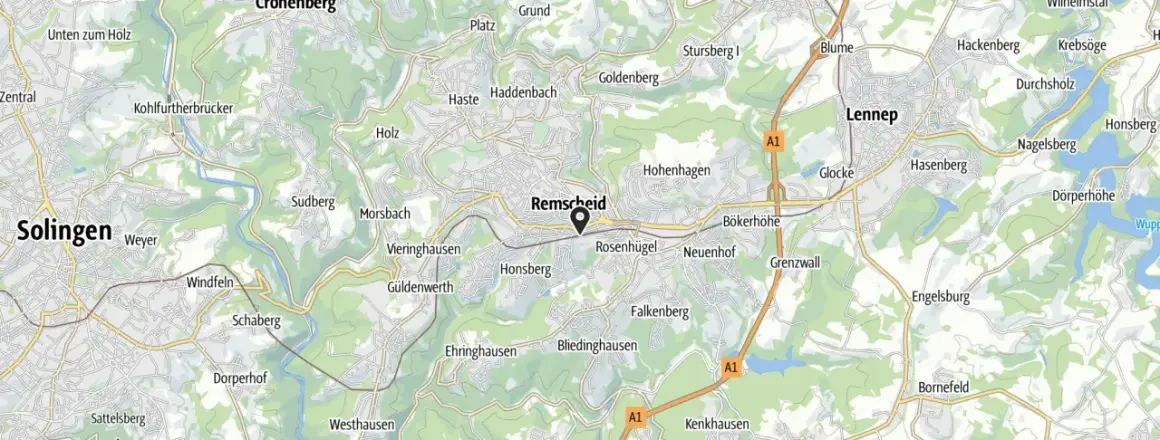 Karte zeigt Remscheid und Umgebung. Hier kann man die Region erlebbar machen, von Solingen bis Lennep.