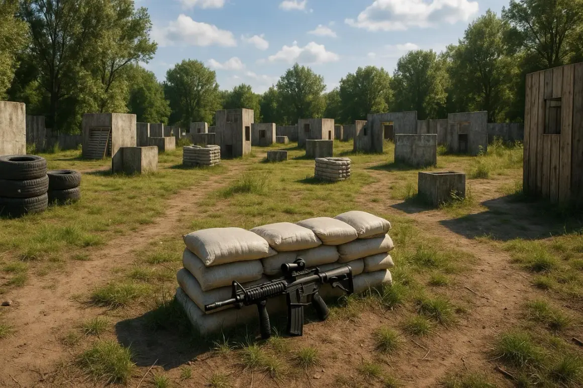 Campo de entrenamiento para airsoft, con barricadas de sacos de arena y estructuras de hormigón. Réplica de rifle de asalto lista para la acción.