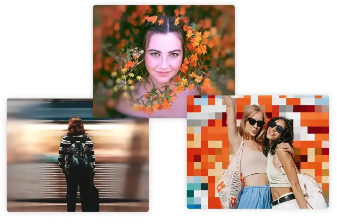 Kobieta w kwiatach, dziewczyna z plecakiem na tle pędzącego pociągu z efektem blur, dwie przyjaciółki na tle mozaiki.