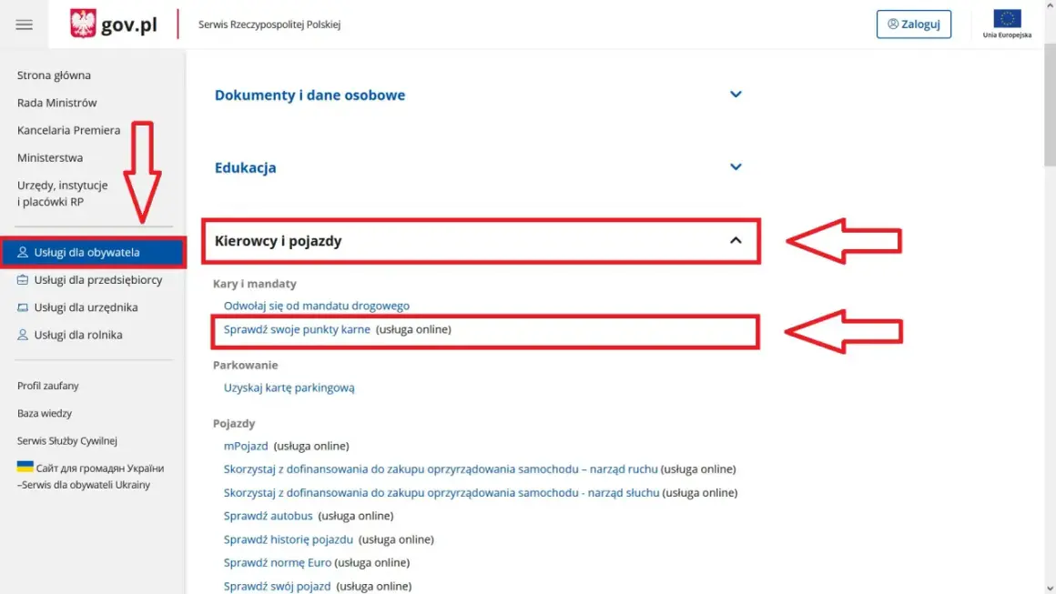 Na stronie gov.pl, w sekcji "Usługi dla obywatela", znajduje się opcja "Kierowcy i pojazdy". Można tam sprawdzić swoje punkty karne online, co jest częścią profilu kierowcy online.