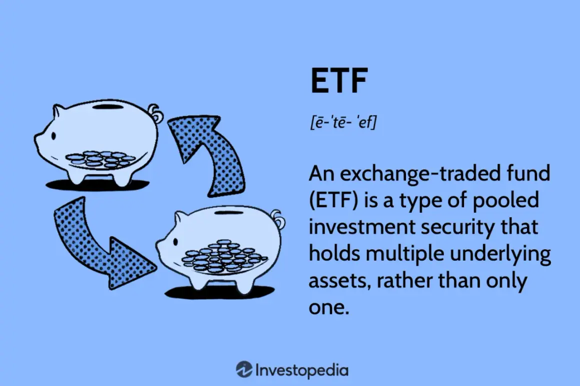 Two piggy banks with coins, connected by arrows, illustrate how ETFs diversify investments, making them a potentially safe way to grow your money.