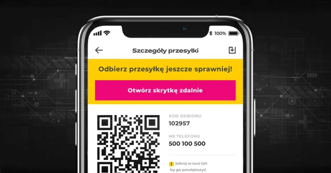 Aplikacja InPost pokazuje kod odbioru 102957 i numer telefonu 500 100 500. Możesz kliknąć w kod QR, by go powiększyć i dowiedzieć się, jak przedłużyć odbiór paczki InPost.