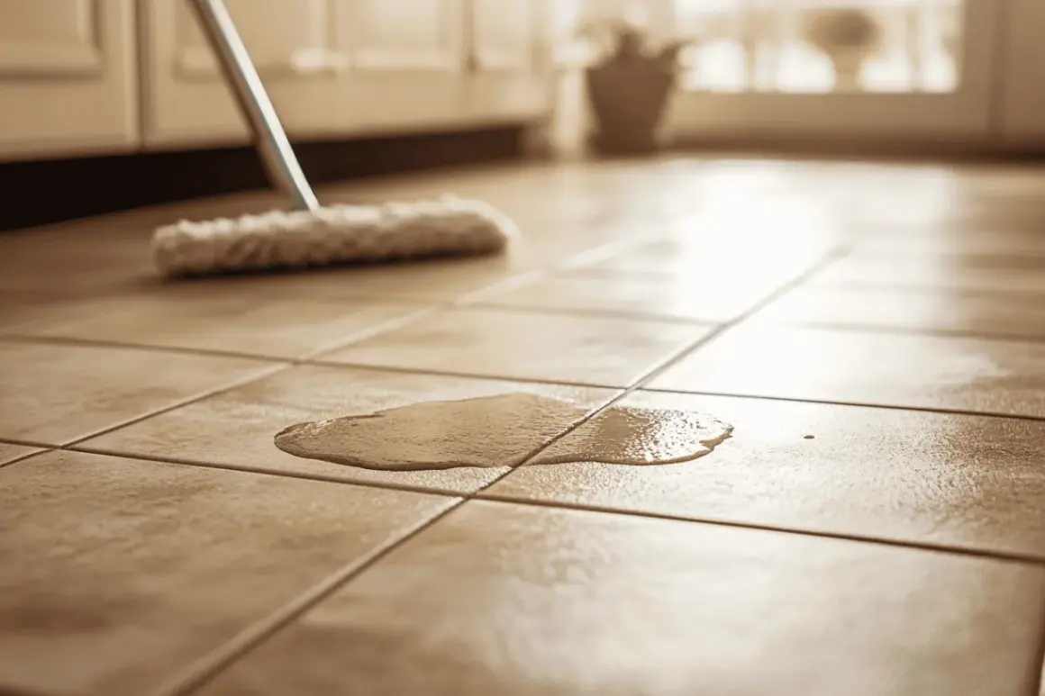 Une flaque d'eau sur un carrelage poreux, un balai à franges est prêt à nettoyer.