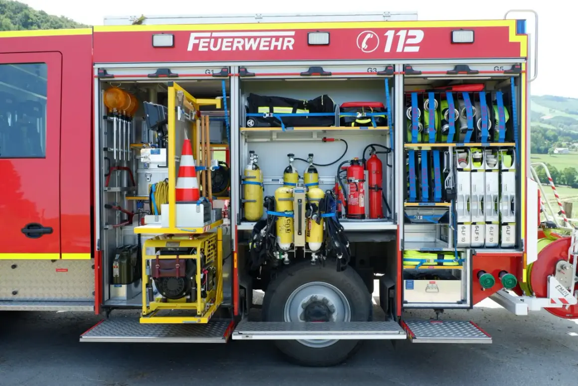 Feuerwehr LF 10 Niedersachsen: beladener Geräteraum mit Atemschutzgeräten, Feuerlöschern, Schläuchen und Werkzeugen.