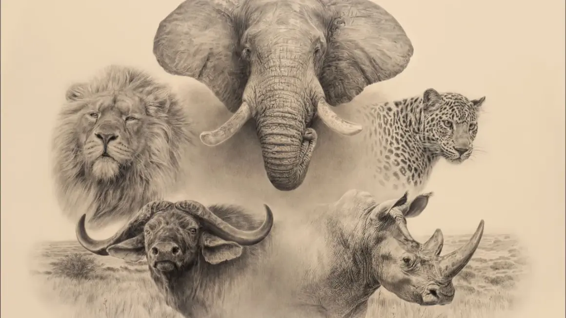 En konstnärlig hyllning till the big five afrika: en majestätisk elefant, en stolt lejonhane, en smidig leopard, en kraftfull buffel och en pansarklädd noshörning.