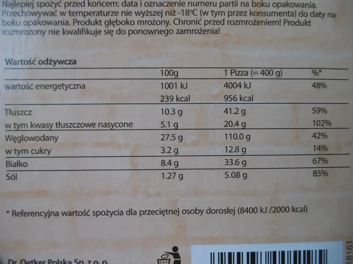 Tabela wartości odżywczych pizzy Guseppe 4 sery: 1 pizza (400g) ma 956 kcal.