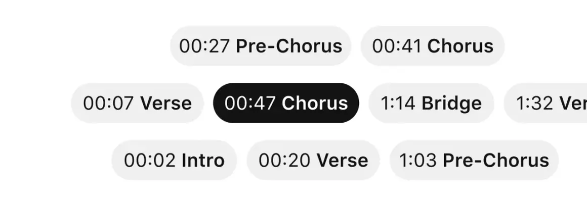 Koko koko koko! Widok przedstawia fragment interfejsu z podziałem na sekcje utworu: Intro, Verse, Pre-Chorus, Chorus i Bridge, z zaznaczonym 00:47 Chorus.