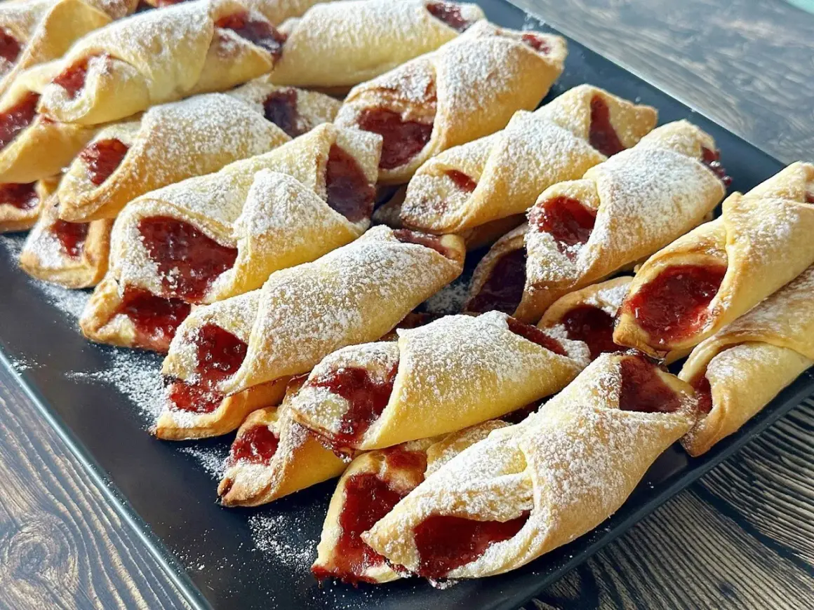 Pyszne, domowe babcine ciastka na drożdżach z dżemem, posypane cukrem pudrem. Idealne na deser.
