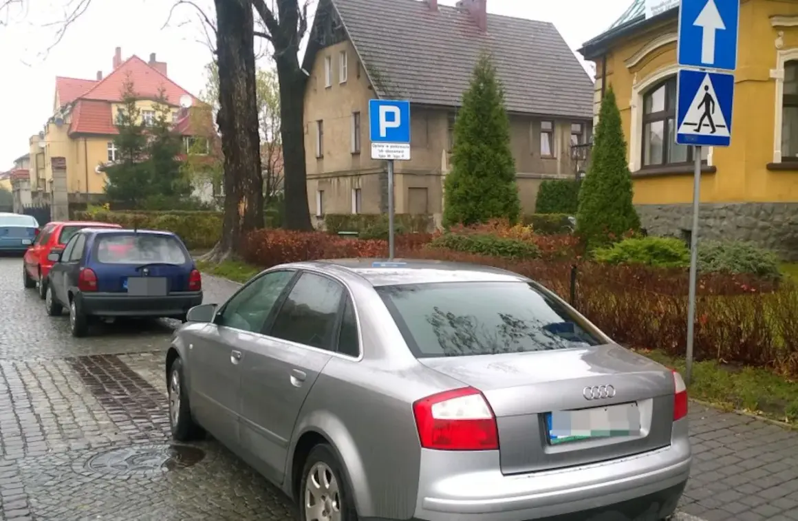 Samochody stoją na ulicy, a obok znak informuje o parkowaniu za przejściem dla pieszych.