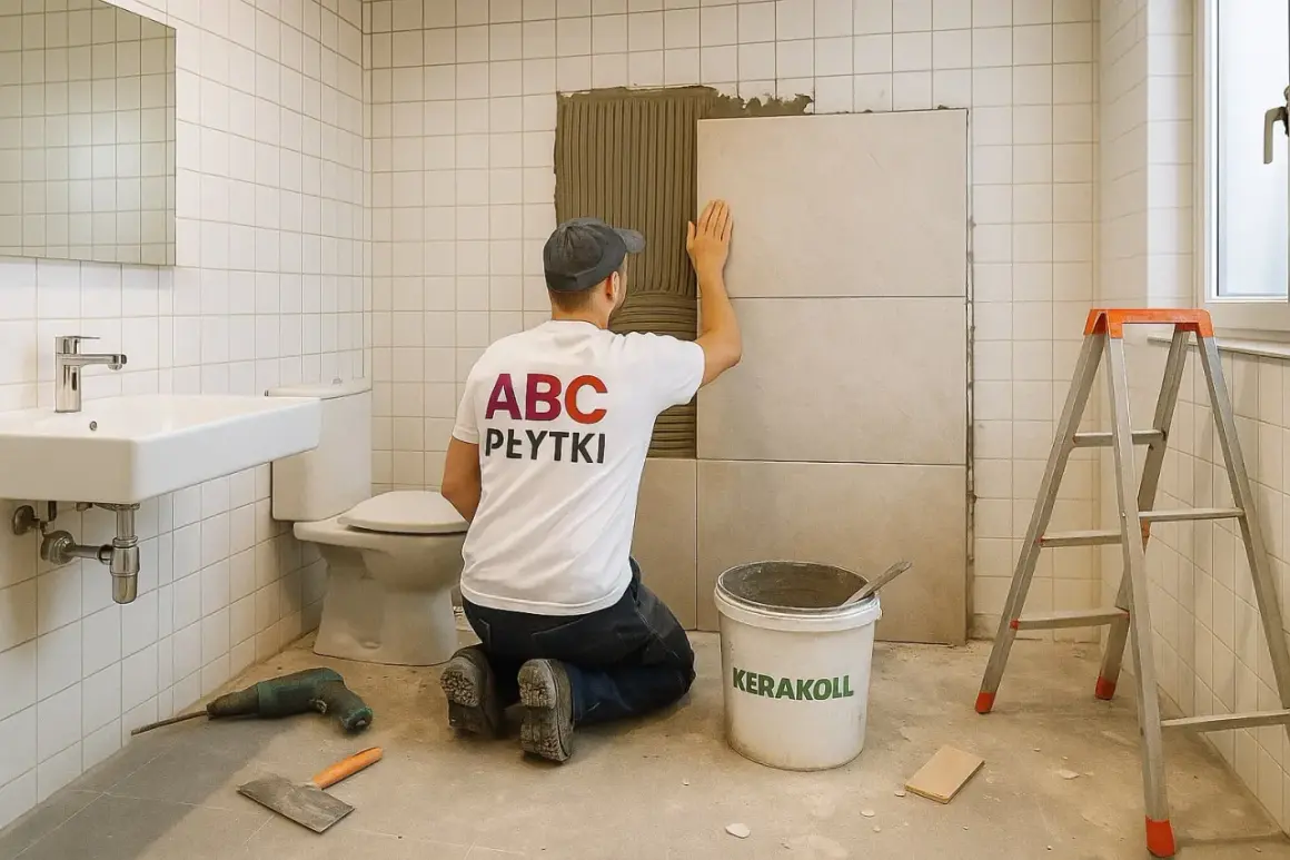 Fachowiec w koszulce "ABC PŁYTKI" układa płytki w łazience, tworząc idealnie gładką ścianę.