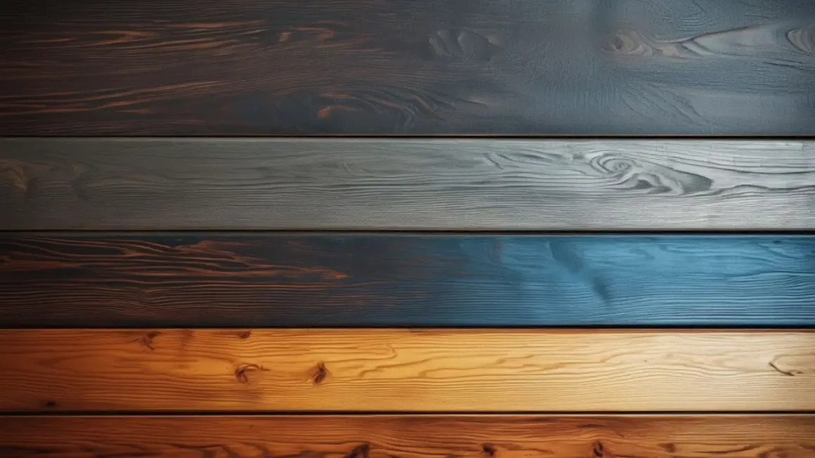 Cinq planches de bois aux teintes variées, du brun foncé au bleu vif, offrant une belle idée déco bois pour un intérieur moderne.