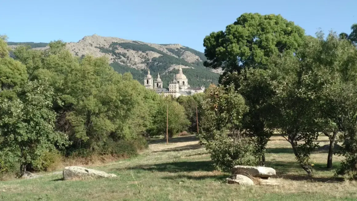 Un majestuoso edificio se alza entre los árboles del bosque de la Herrería, con montañas escarpadas al fondo bajo un cielo azul.