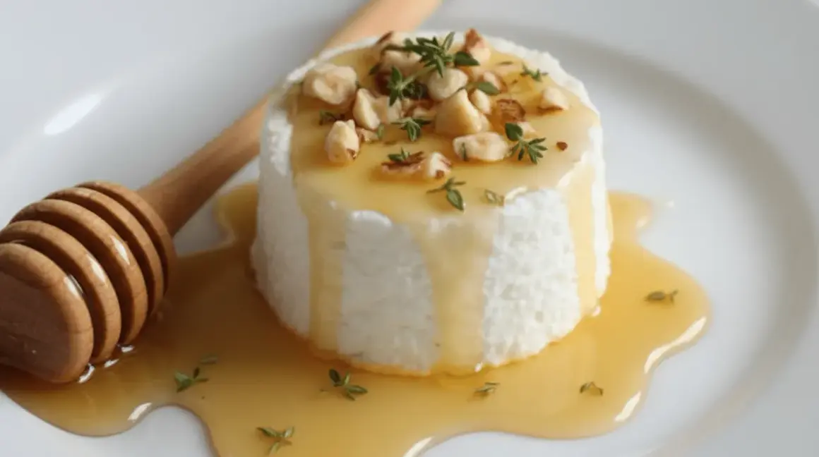 Un délicieux fromage frais faisselle, nappé de miel doré et garni de noisettes et de thym. Un délice !