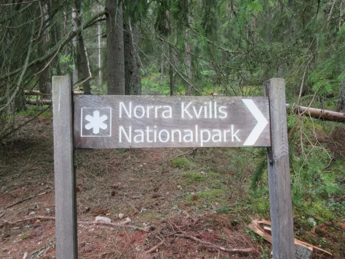 Skylt visar vägen till Norra Kvills Nationalpark genom en tät skog.