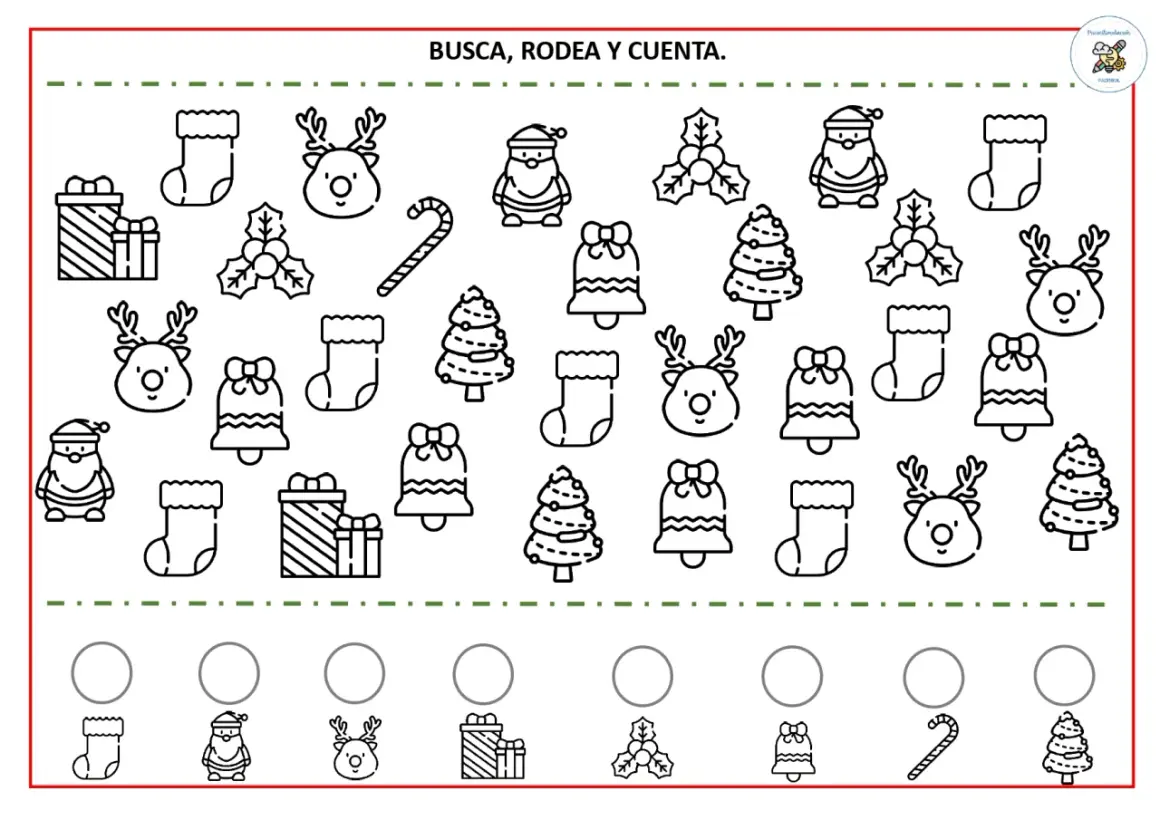 Fichas de Navidad para imprimir: busca, rodea y cuenta renos, Papá Noel, calcetines, campanas, árboles, regalos y bastones de caramelo.