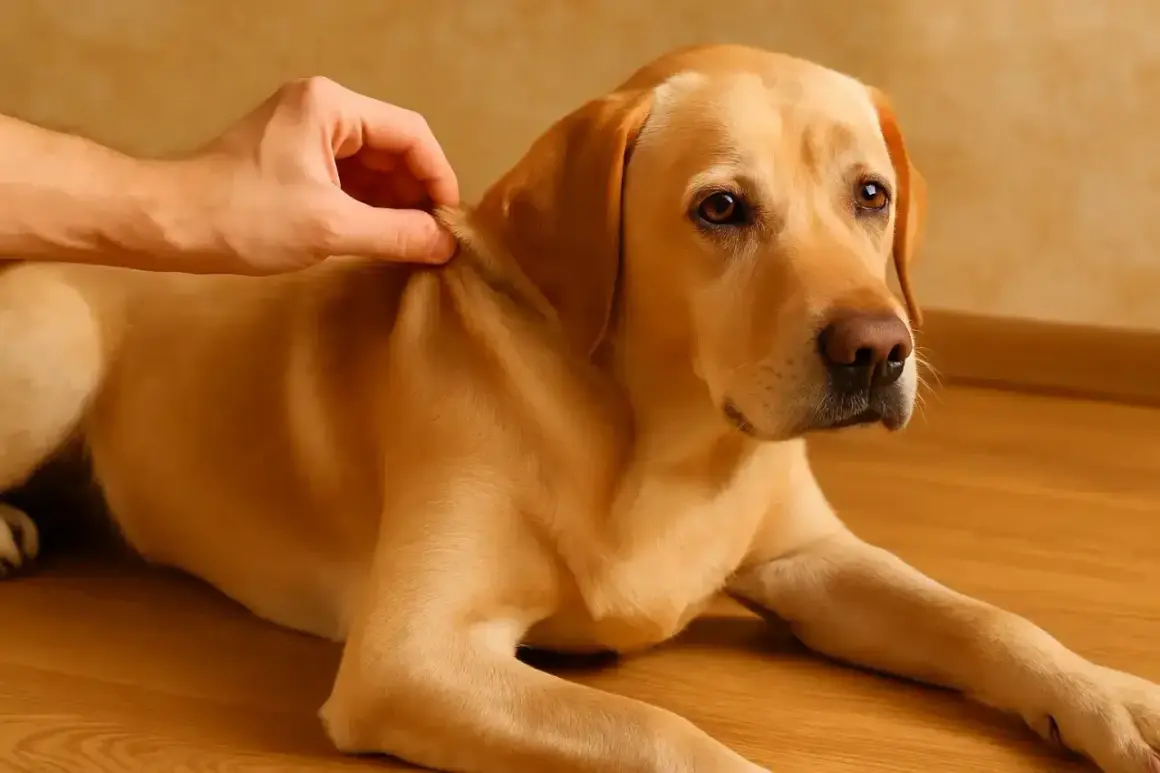 Un perro labrador es examinado para saber si está deshidratado. Su dueño le levanta la piel del lomo para ver si vuelve a su sitio.