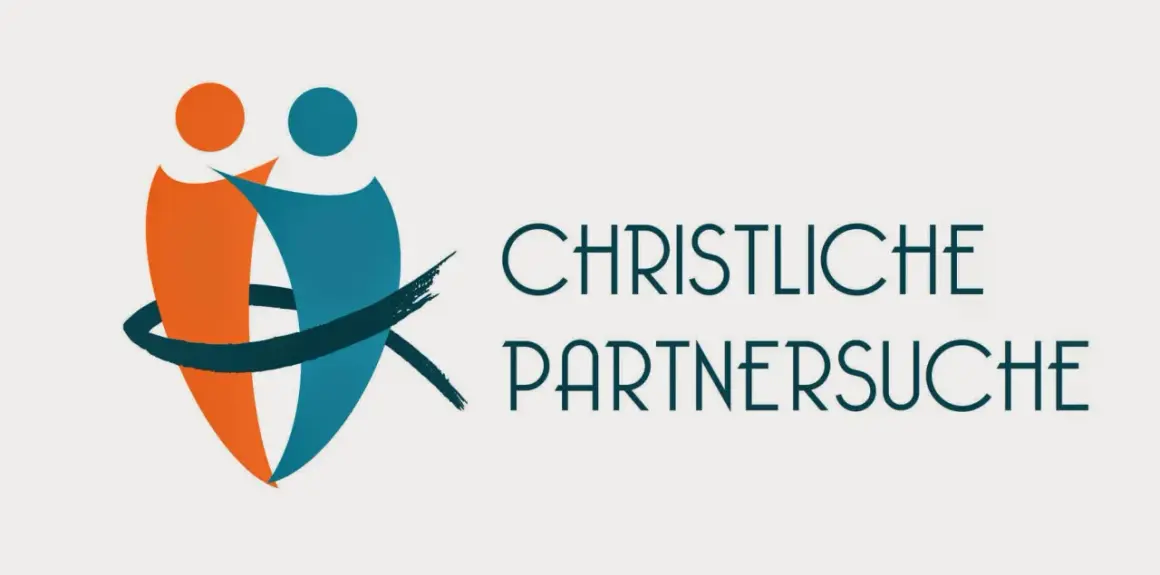 Zwei stilisierte Figuren, die sich umarmen, mit dem Text "Christliche Partnersuche". Eine App, die Christen bei der Partnersuche hilft.