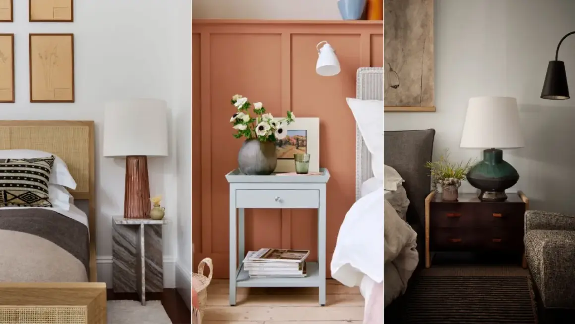 Three stylish nightstand ideas: a marble table with a copper lamp, a pale blue table with flowers, and a dark wood dresser with a green lamp.