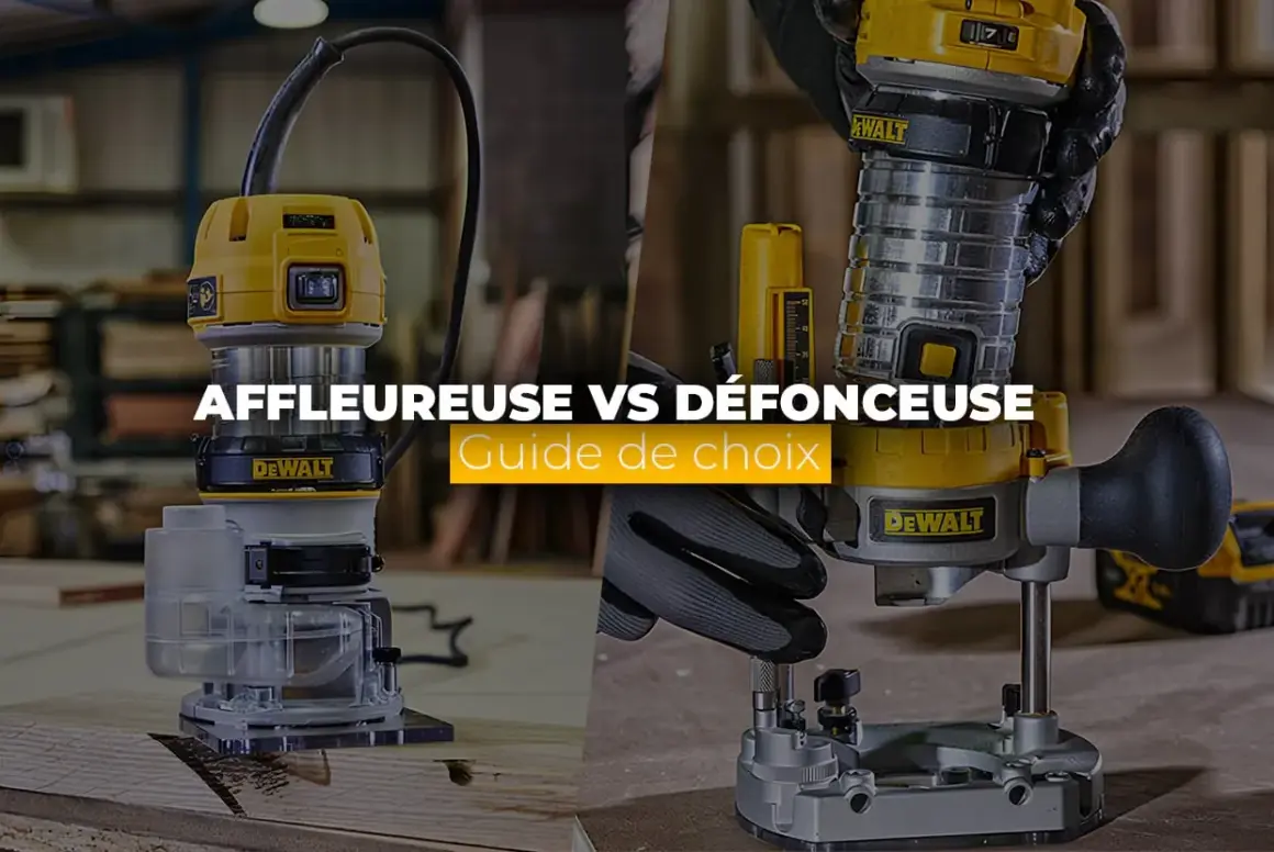 Affleureuse et défonceuse Dewalt côte à côte. Ce guide vous aide à comprendre la différence entre ces deux outils pour choisir le bon.