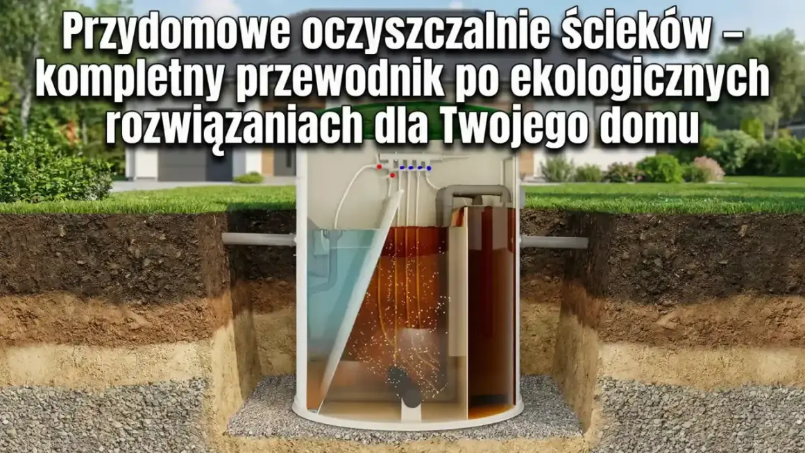 Przekrój przydomowej oczyszczalni ścieków pokazujący jej działanie w gruncie.