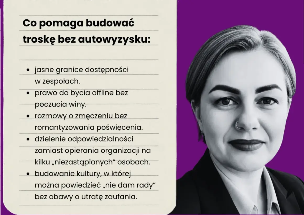 Kobieta z kolczykiem w nosie, obok lista o budowaniu troski bez autowyzysku, podkreślająca dzielenie odpowiedzialności.