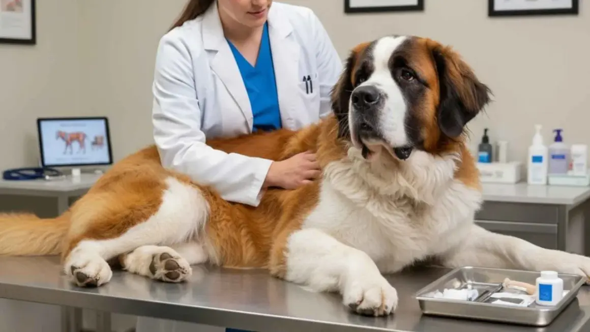Veterinario examina a un San Bernardo en la mesa. La pregunta es: cuanto dura un perro con torsión de estómago.
