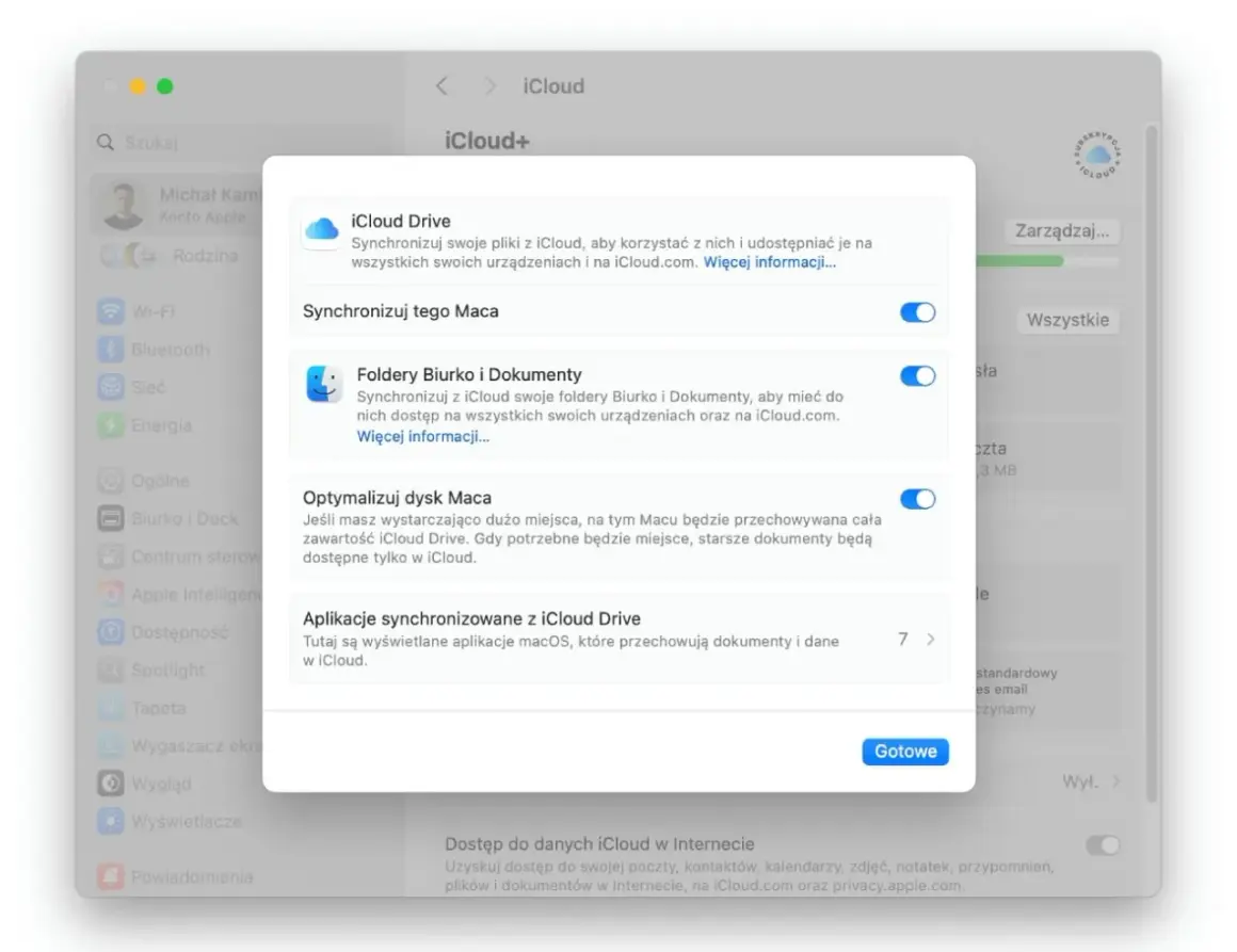 Ustawienia iCloud na Macu: synchronizacja iCloud Drive, folderów Biurko i Dokumenty, optymalizacja dysku Maca.