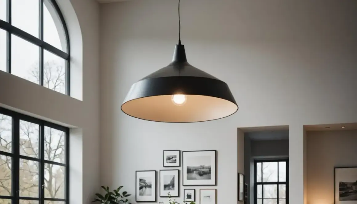 Czarna lampa w stylu industrialnym zwisa z wysokiego sufitu, oświetlając wnętrze z dużymi oknami i galerią czarno-białych zdjęć na ścianie.